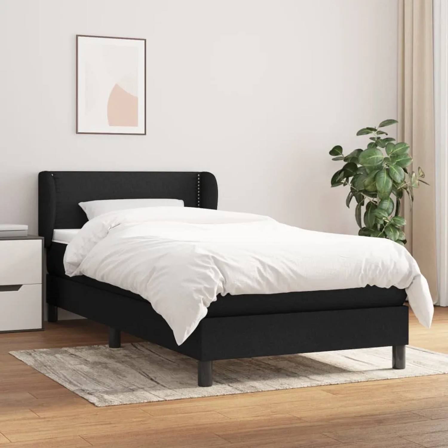 Schwarzes vidaXL Boxspringbett 100x200 cm mit Matratze und Kopfteil.