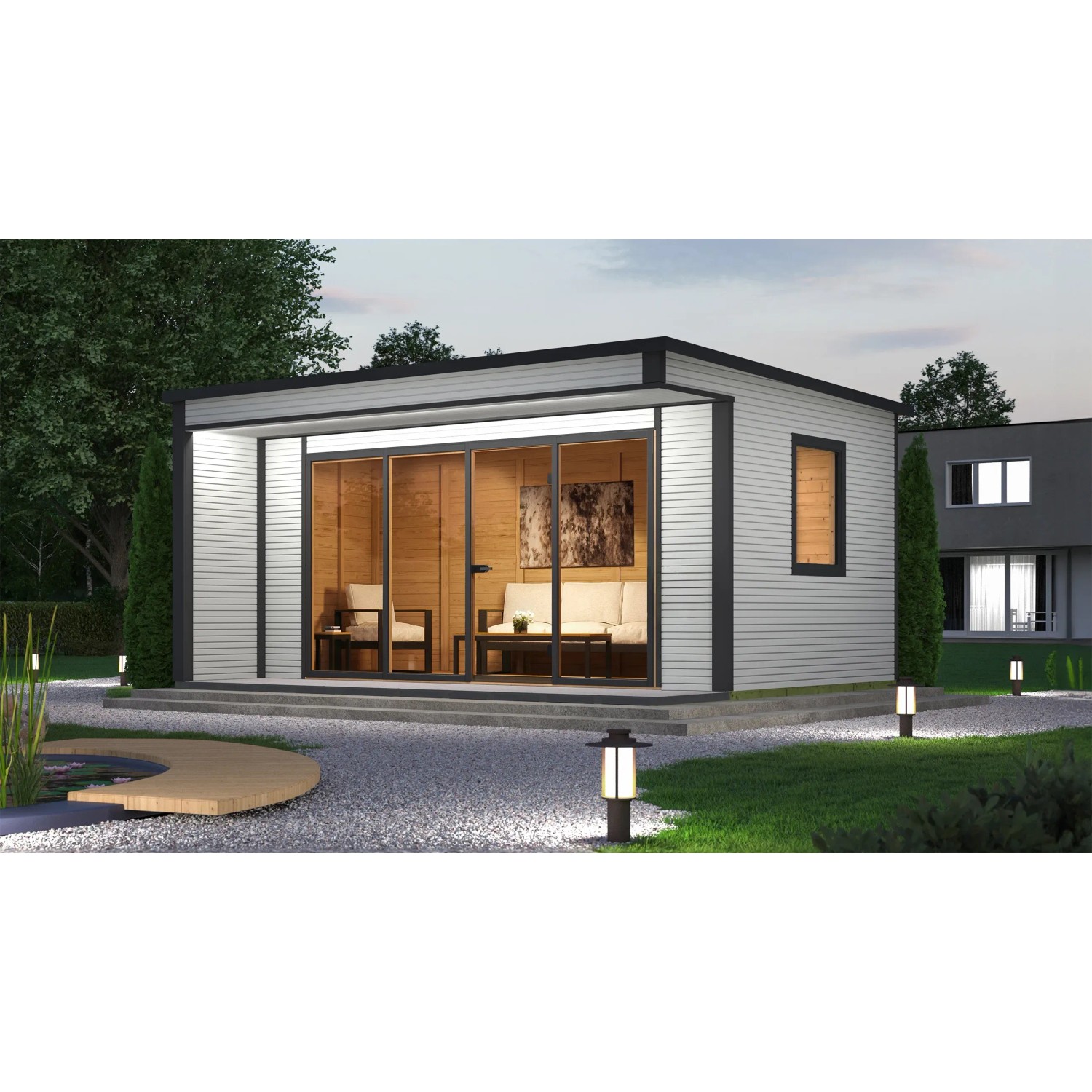 Modernes, graues Weka Designhaus Cubilis 4.0 mit Glasfront und WPC-Terrasse im Garten.