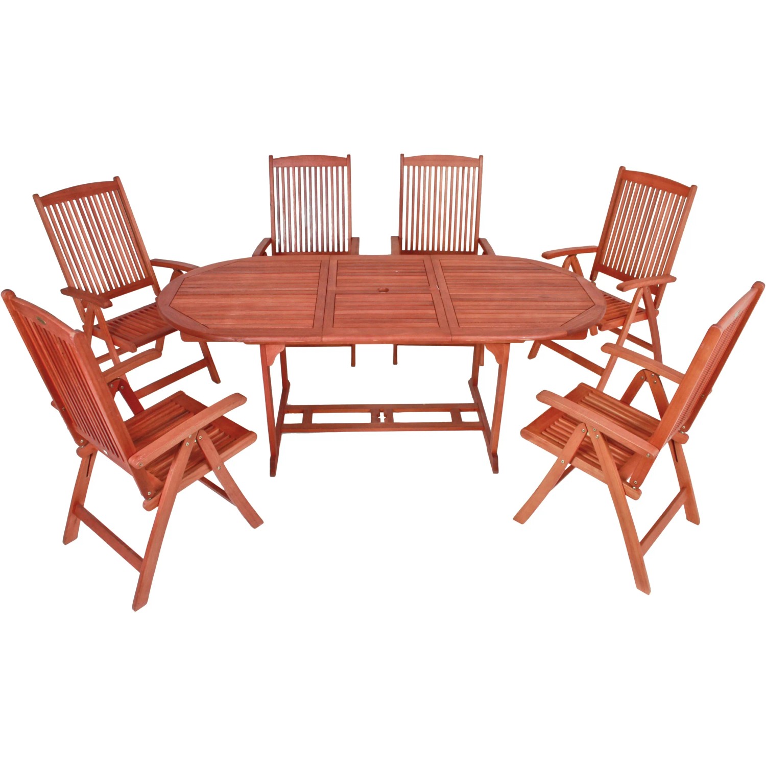 7-teilige Gartenmöbel-Gruppe Stockholm aus Eukalyptusholz mit Ausziehtisch und klappbaren Hochlehnern.