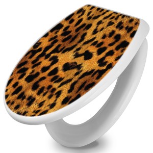 Weißer WC-Sitz mit Absenkautomatik und Leopard-Motiv von Banjado.