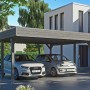 Doppelcarport Friesland in Schiefergrau mit Aluminiumdach und zwei parkenden Autos.