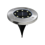 Runde Solar Bodenleuchte aus silbernem Edelstahl mit schwarzem Solarpanel, LEDs und Erdspieß. IP44 Gartenstrahler.