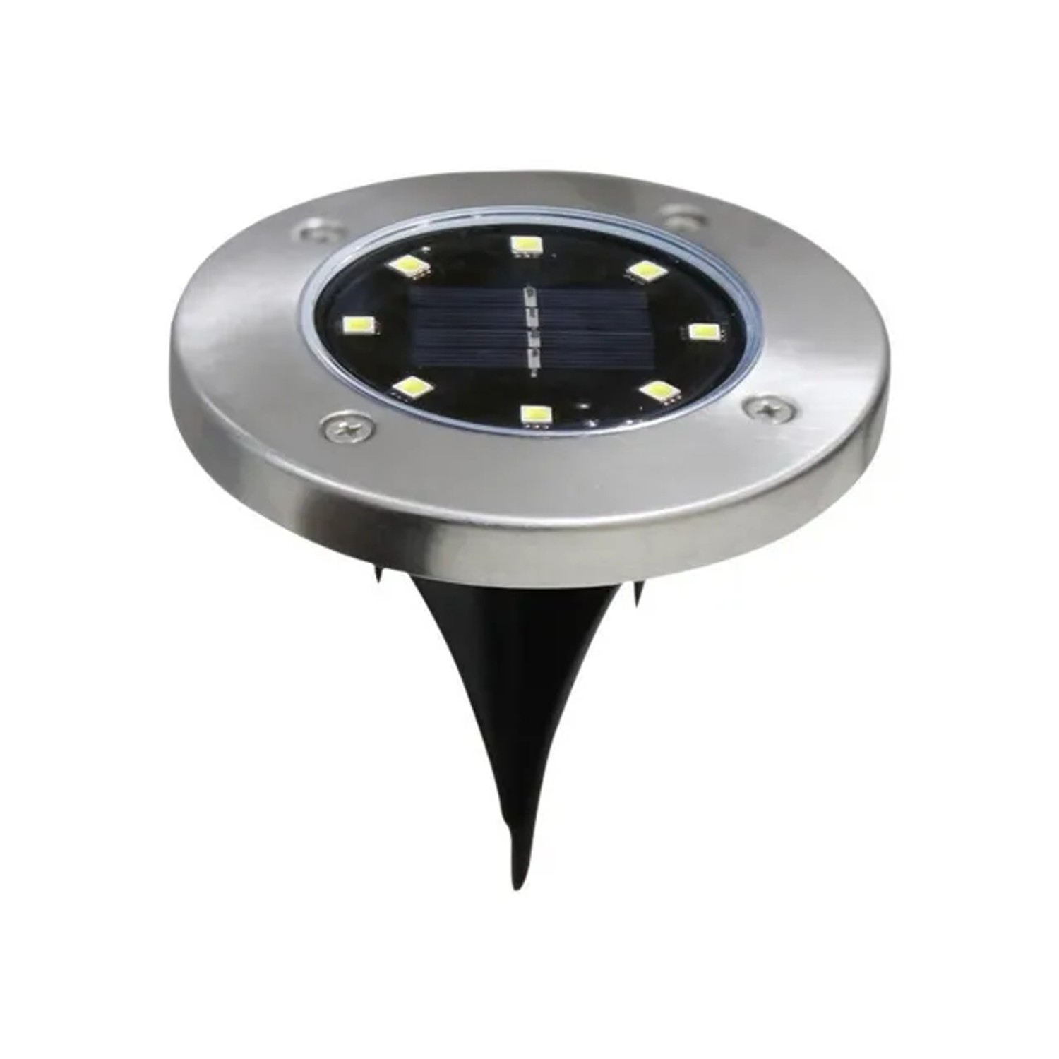 Runde Solar Bodenleuchte aus silbernem Edelstahl mit schwarzem Solarpanel, LEDs und Erdspieß. IP44 Gartenstrahler.