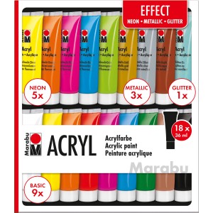 Marabu Acrylfarben-Set Effect mit 18 Farben (Neon, Metallic, Glitter) à 36 ml.