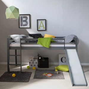 Homestyle4u Kinderbett 90x200 mit Lattenrost Matratze und Rutsche in Grau 2259