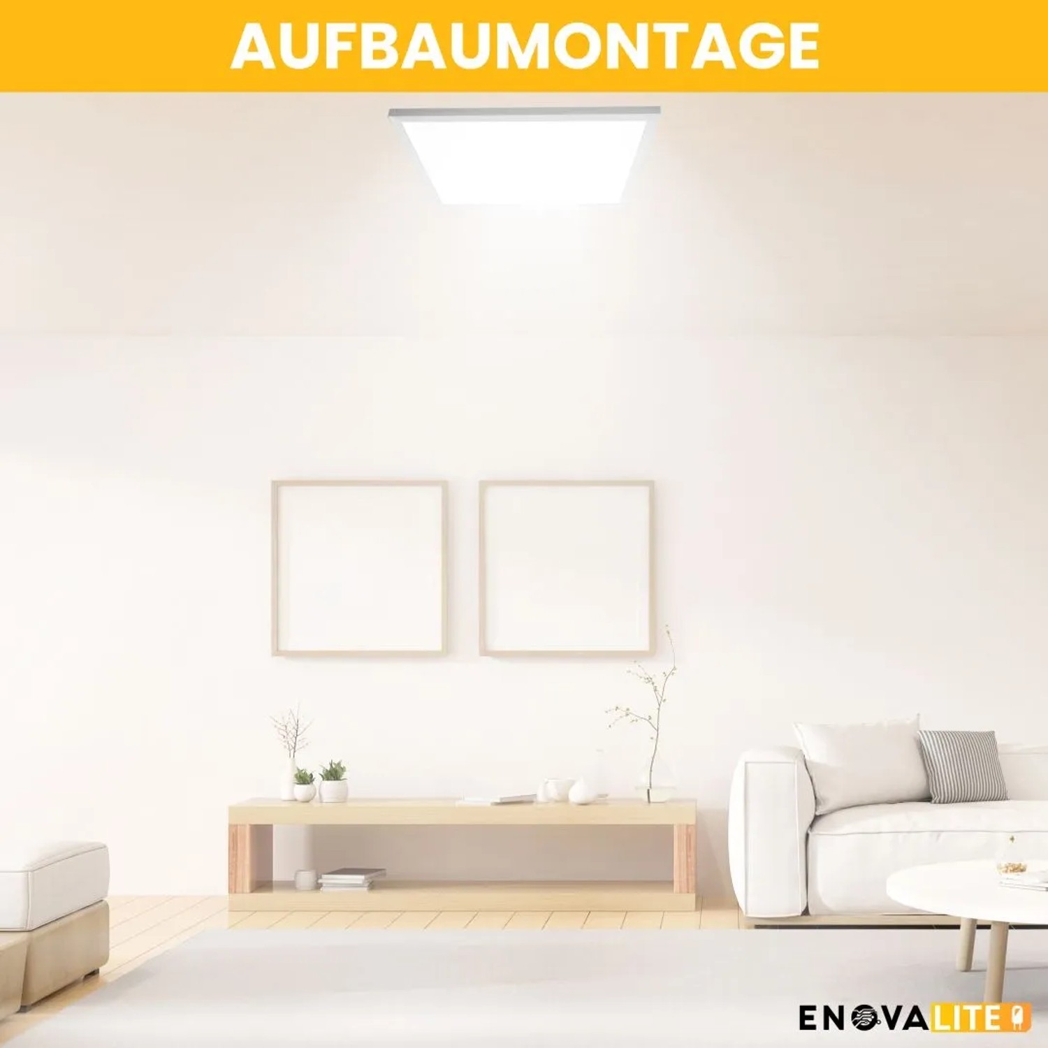 ENOVALITE LED Panel 62x62 cm 4er-Pack in modernem Wohnraum, Deckenleuchte mit warmweißem Licht.
