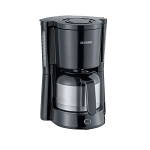 Schwarze Severin Filterkaffeemaschine KA 4835 mit Edelstahl-Thermokanne und Wasserstandsanzeige.
