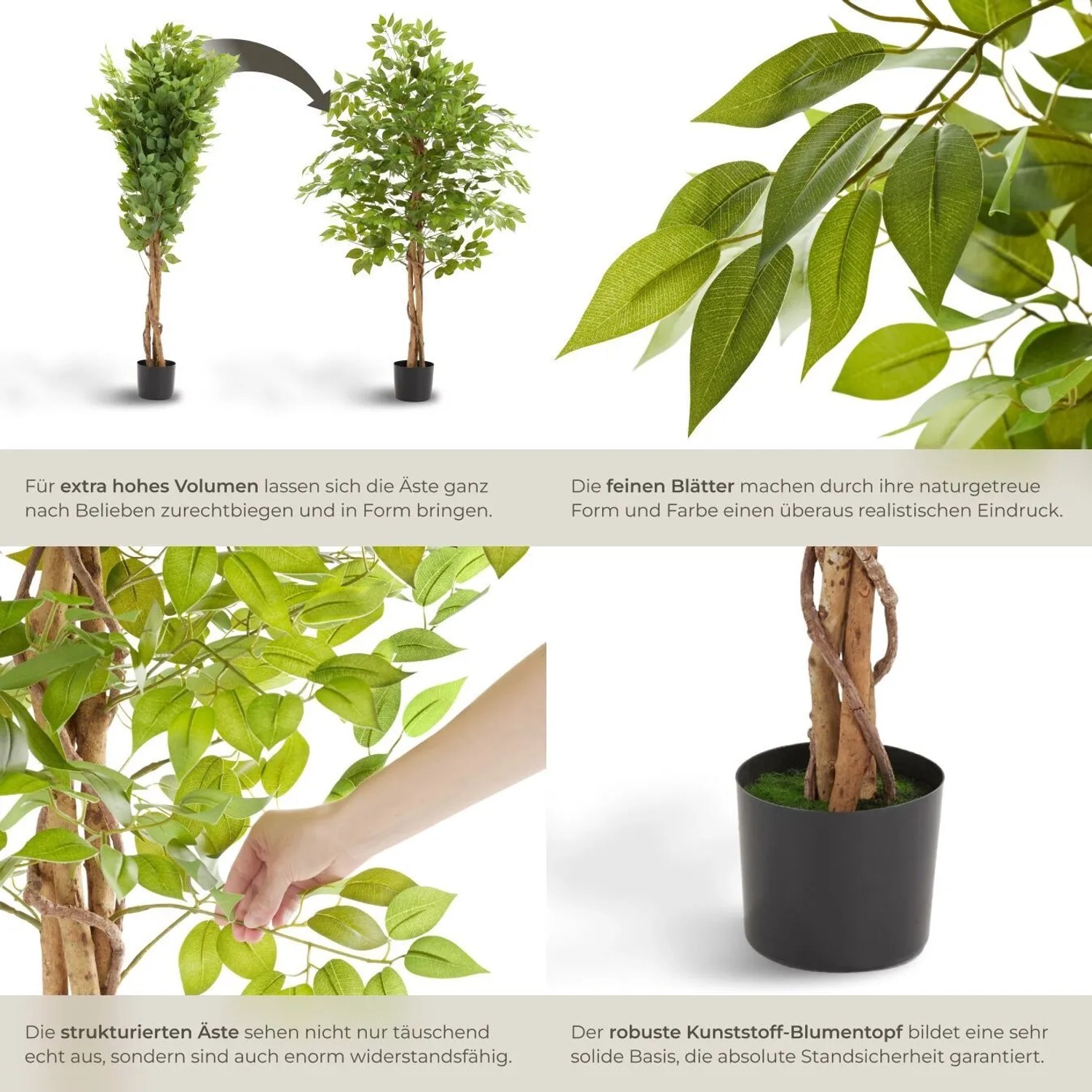 Detailansicht des künstlichen Ficusbaum Fida (160cm) von Tectake, grüne Blätter, biegsame Äste im schwarzen Topf.