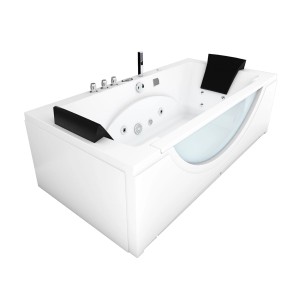 Weiße AcquaVapore Eck-Badewanne W81R-TH-C 180x90 mit Radio und schwarzen Nackenkissen.