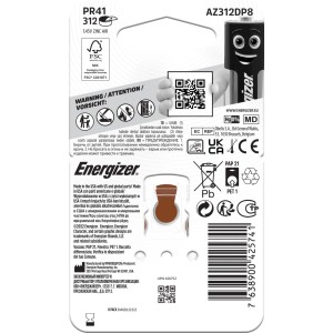 Energizer Hörgerätebatterien Größe 312, 8er-Packung.