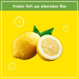 Ganze und halbe Zitrone mit grünen Blättern auf gelbem Grund. Symbolisiert den frischen Zitronenduft des Poliboy Bad Reinigers.