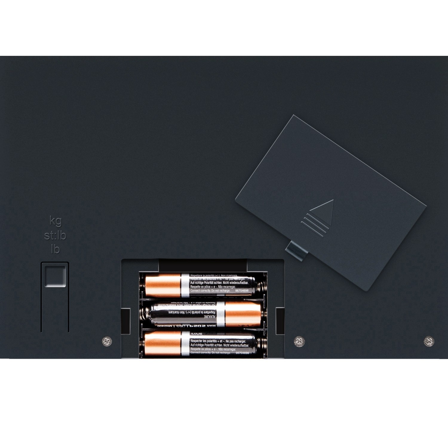 Batteriefach der silbergrauen Leifheit Personenwaage Digital Style Sense Comfort 600.