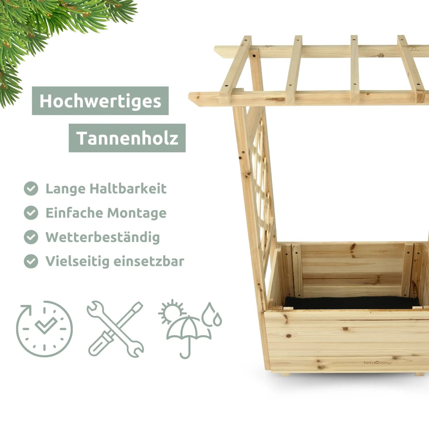Holz4home Pflanzkasten mit Dach, Tannenholz, inkl. Vlieseinlage. Blumenkasten mit Rankhilfe.
