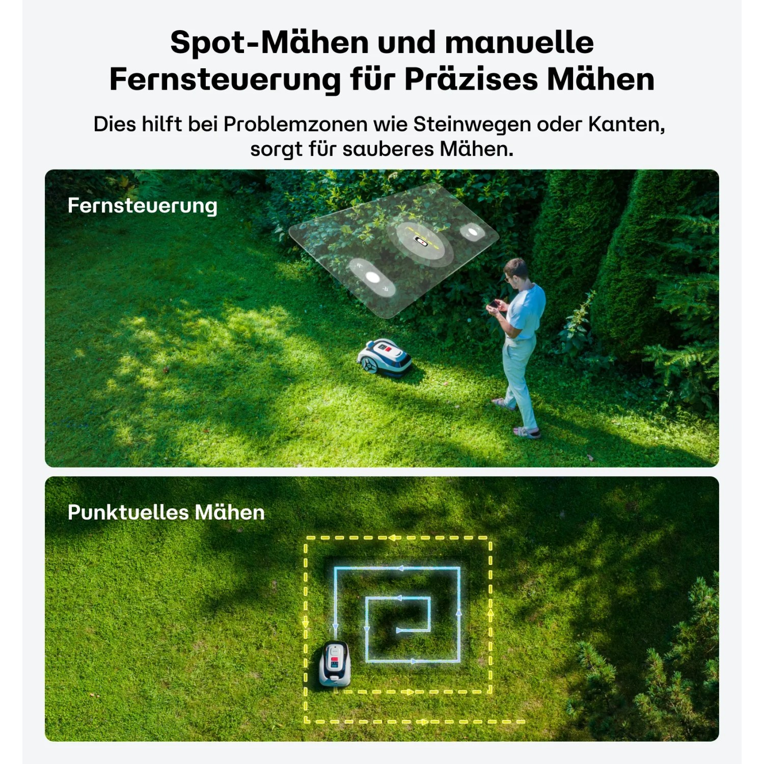 RoboUP Raccoon 2 SE Mähroboter: punktuelles Mähen und Fernsteuerung im Garten für präzise Rasenpflege.