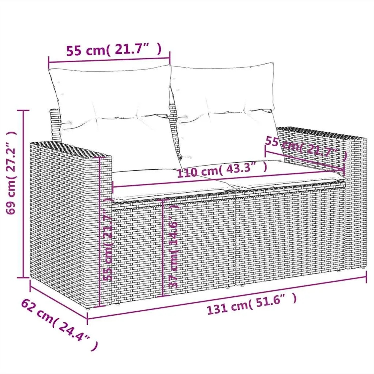 Graue 8-tlg. vidaXL Garten-Sofagarnitur aus Polyrattan mit Kissen, Maße eingezeichnet.
