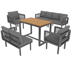 Graues Merax Gartenlounge-Set: 2 Sofas, 2 Sessel, Tisch mit Holzoptikplatte. Robustes Outdoor-Möbel für Garten.