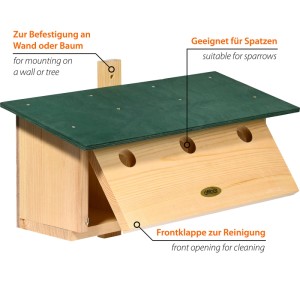 Dobar Holz-Nistkasten Vobu für Spatzen mit grünem Dach, 3 Einfluglöchern und Reinigungs-Frontklappe zur Wandmontage.