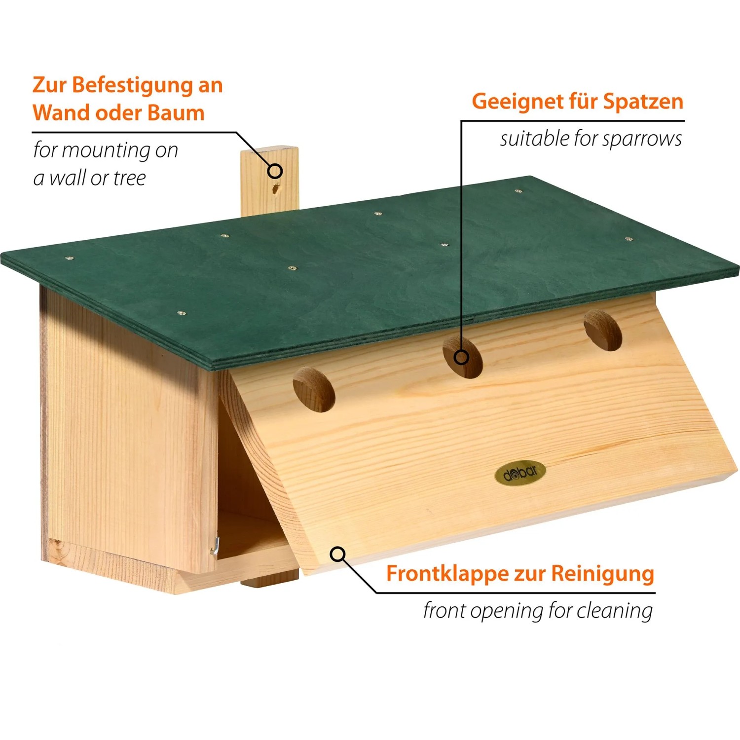 Dobar Holz-Nistkasten Vobu für Spatzen mit grünem Dach, 3 Einfluglöchern und Reinigungs-Frontklappe zur Wandmontage.