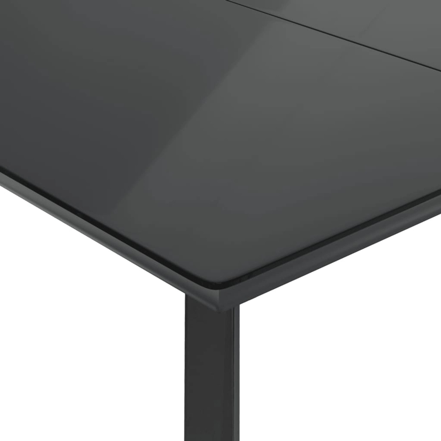 Detailansicht: Schwarzer Gartentisch mit Glasplatte, Teil der 7-tlg. vidaXL Garten-Essgruppe.