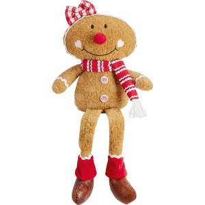 Sitzende Lebkuchenfigur aus Stoff mit rot-weiß gestreiftem Schal und Schleife als Weihnachtsdeko.