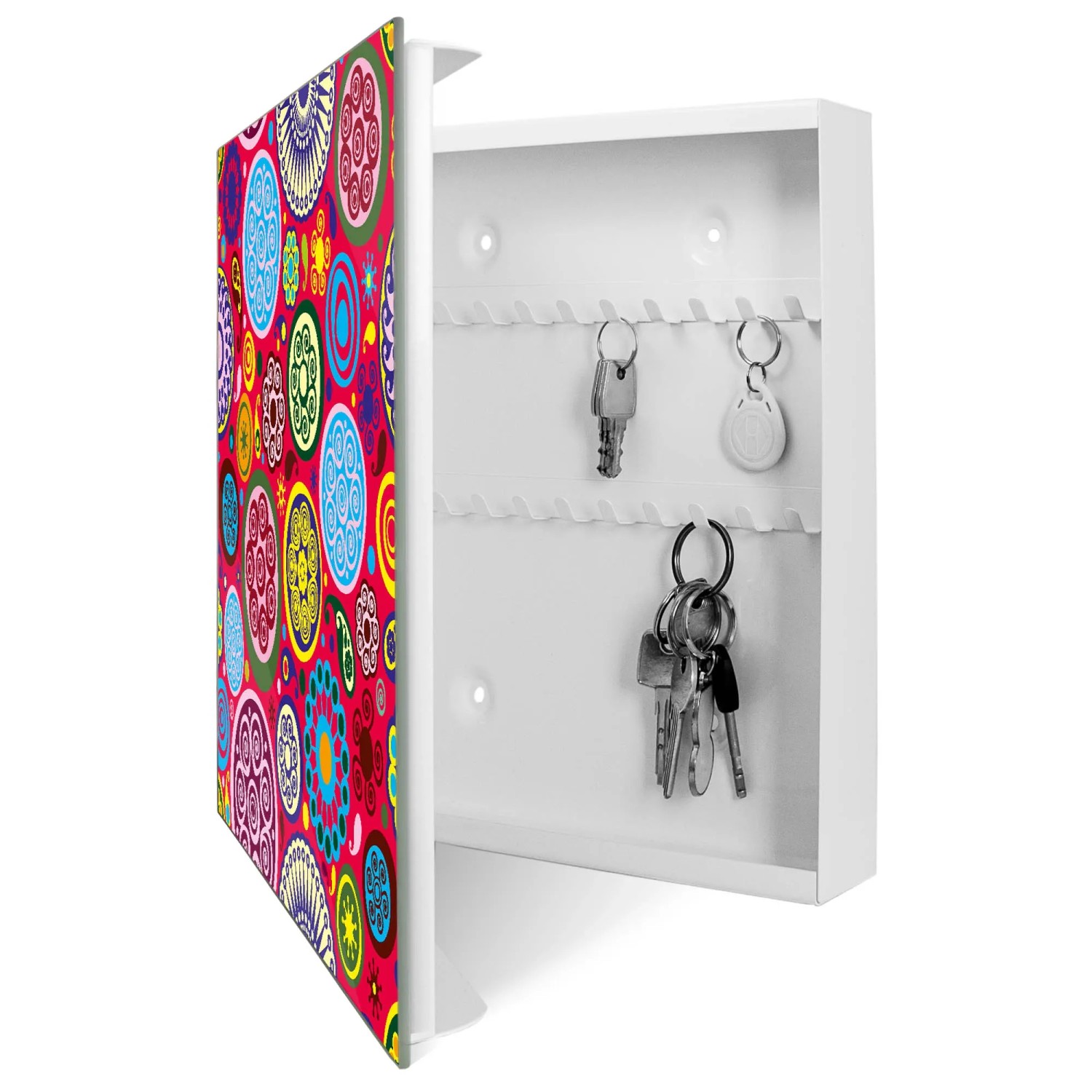 Offener, weißer Banjado Schlüsselkasten 30x30cm mit Retro Kreisen und 50 Haken.