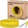 Gelbes hb-digital CAT 7 Duplex Netzwerkkabel, 50m, in Kartonrolle und aufgewickelt, mit Detailansicht der Schirmung.