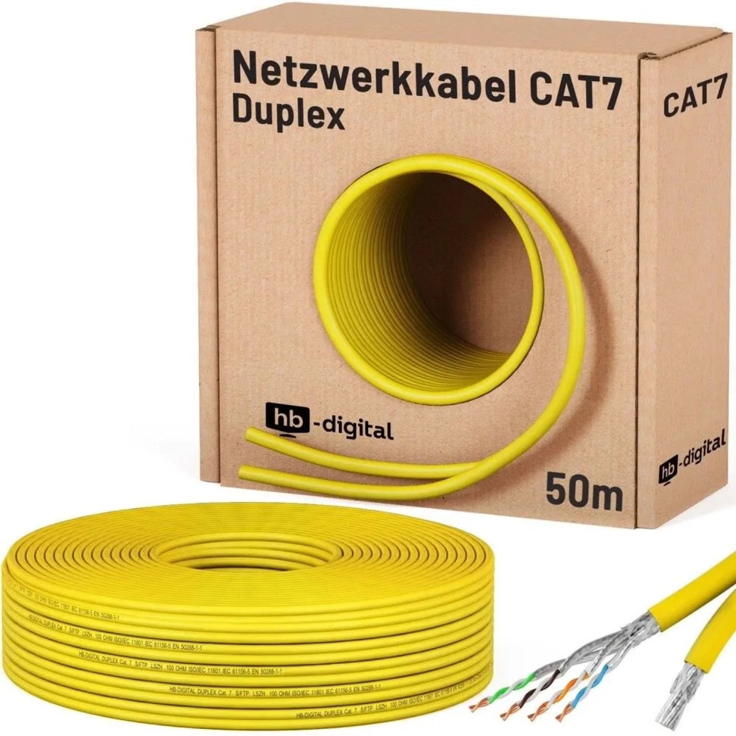 hb-digital CAT 7 Kabel Duplex Ethernetkabel LSZH max. 1000 MHz S/FTP AWG23 50m Gelb