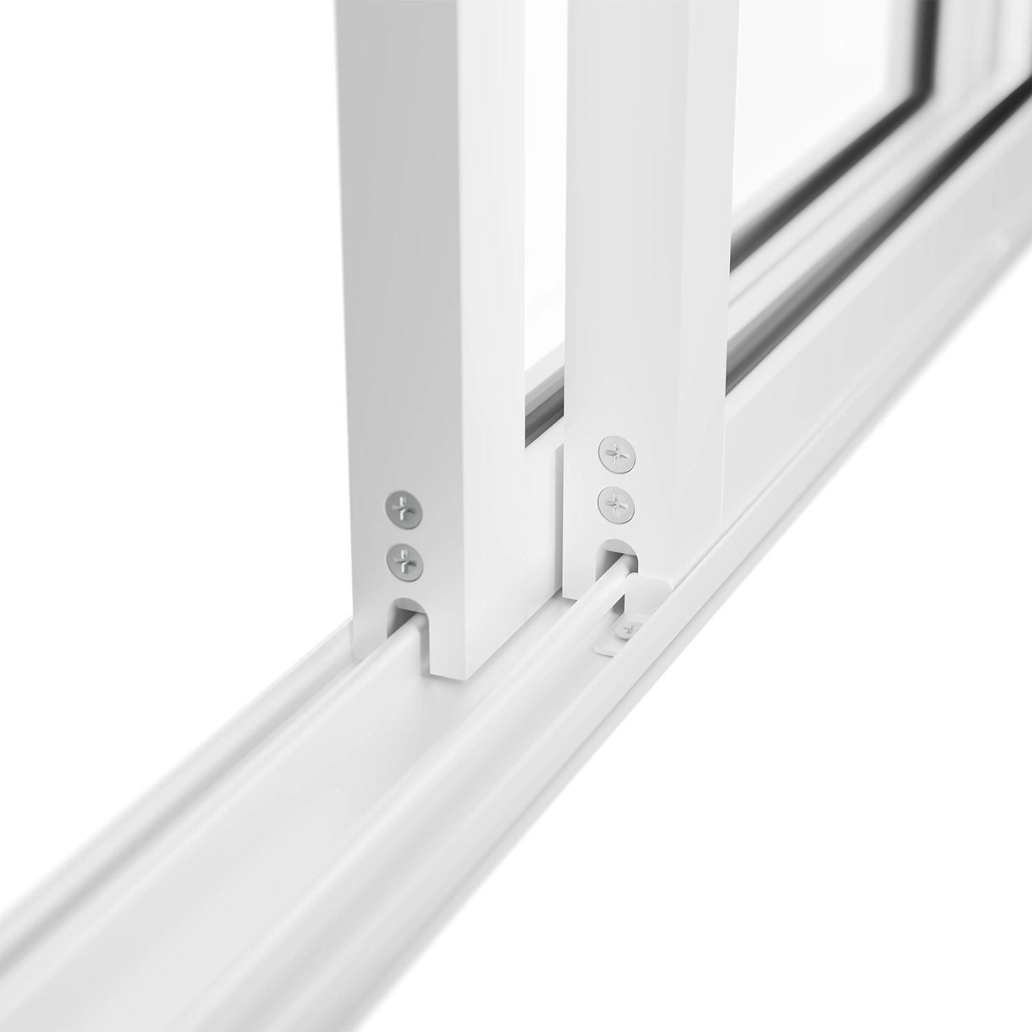 Detailaufnahme: Weiße Schiebetür-Konstruktion des Juskys Wintergartens, Alurahmen mit Schrauben.