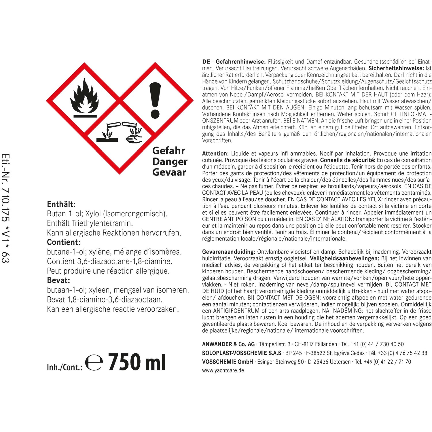 Gefahrstoff-Flasche 750ml: Entzündbar, reizend, Augenschutz tragen.