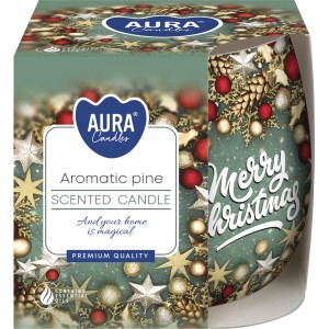 Duftkerze Aromatic Pine im Glas mit weihnachtlichem Dekor, Ø 7,9 cm.