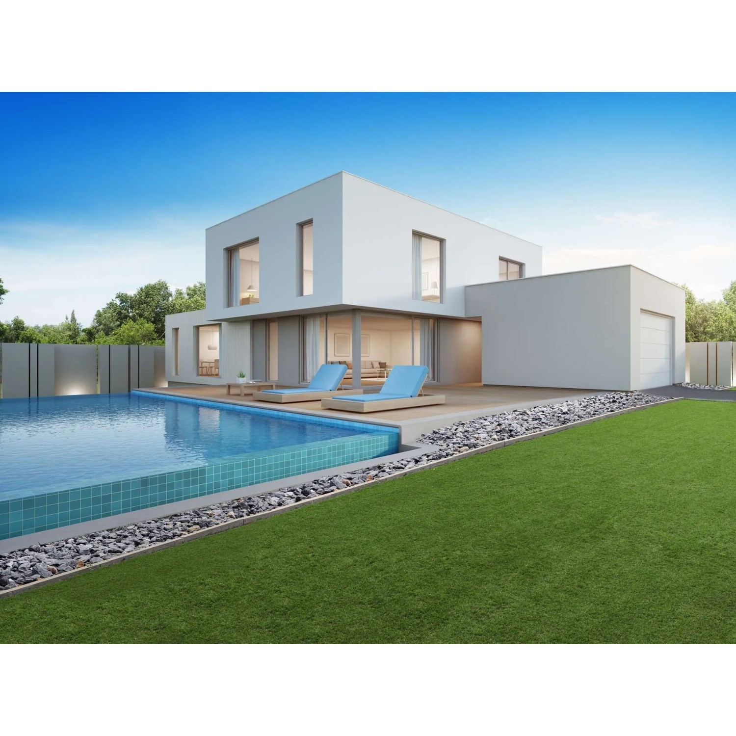 Kunstrasen Megan von Primaflor in Grün neben Pool und modernem Haus. Ideal für Garten.