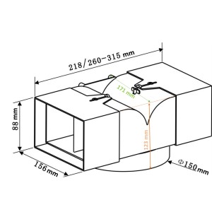 Technische Zeichnung PKM Universal-Abluftweiche AT150-4 für Dunstabzugshauben mit Maßangaben.