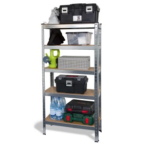 Ondis24 Metallregal Basti 70x30 verzinkt mit 5 Böden, beladen mit Werkzeugkisten und Zubehör.
