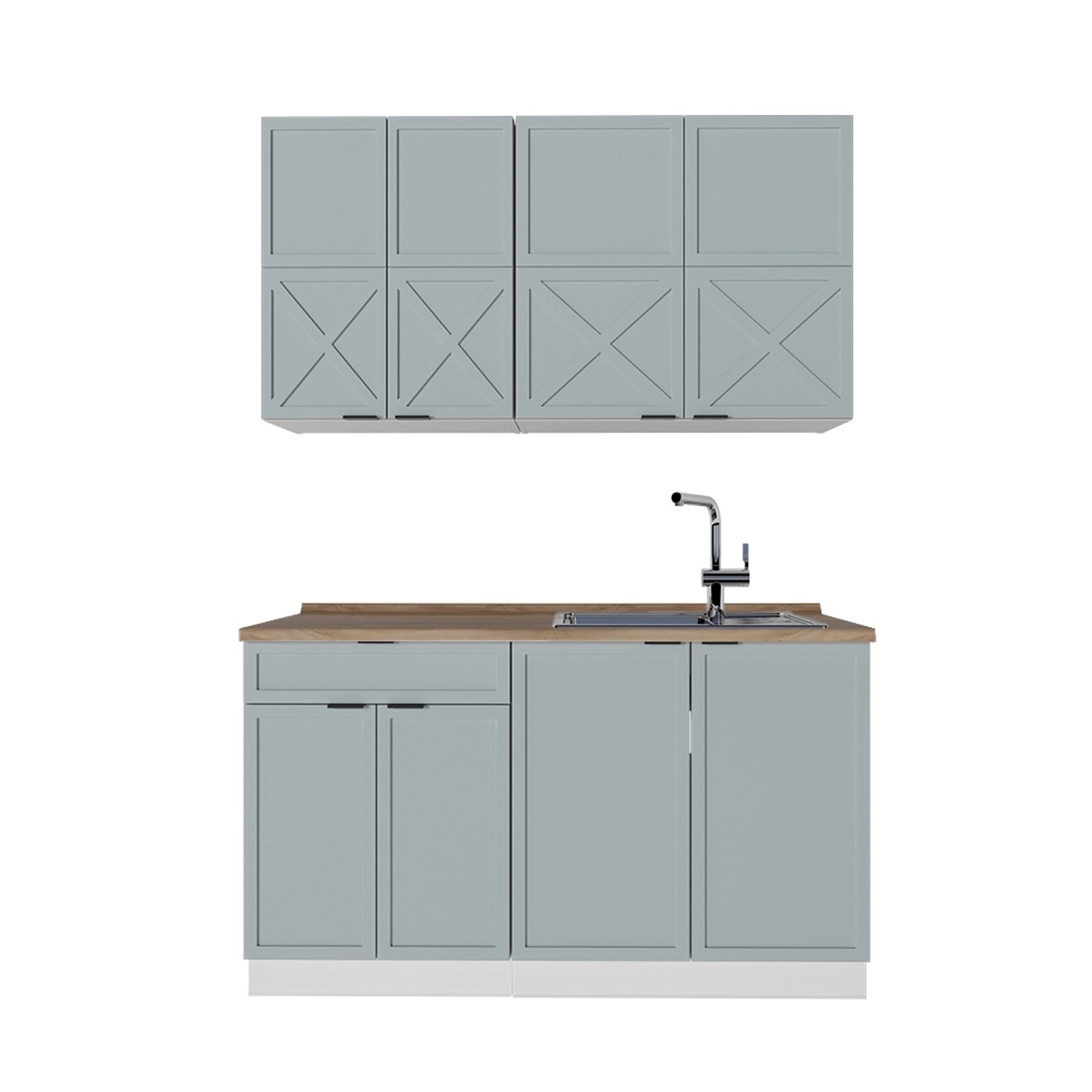 Vicco Fame-Line Singleküche Hellblau-grau/Weiß 140 cm AP Eiche