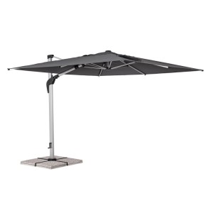 Grauer Bizzotto Ampelschirm Aries, 300x300 cm, mit Stahlfuß für den Garten oder die Terrasse.