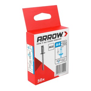 Packung Arrow Blindniete RA Alu, Ø 4 mm x 12 mm, 50 Stück für Zangen.
