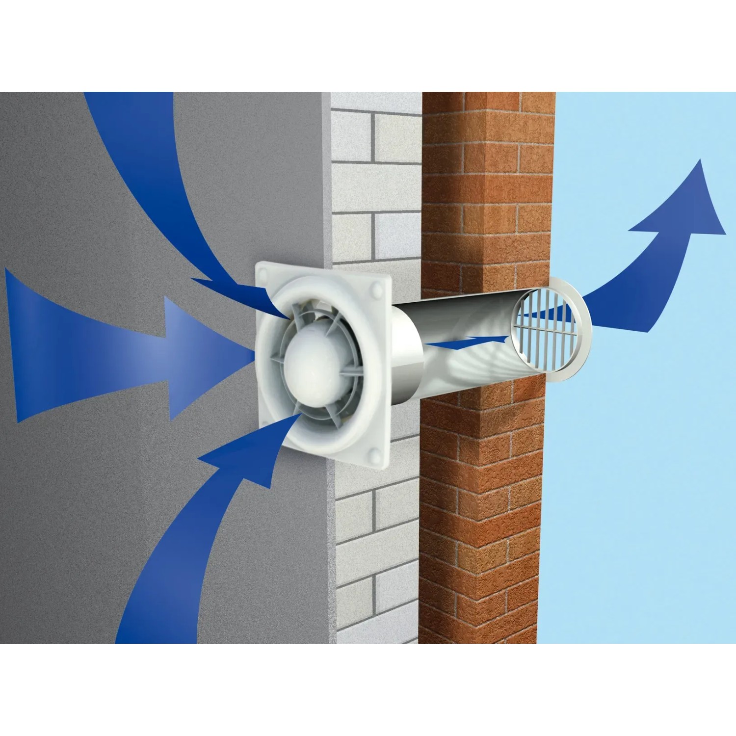 Weißer Badventilator System Ø 100 Leise mit Luftstrom-Pfeilen an Wand montiert.