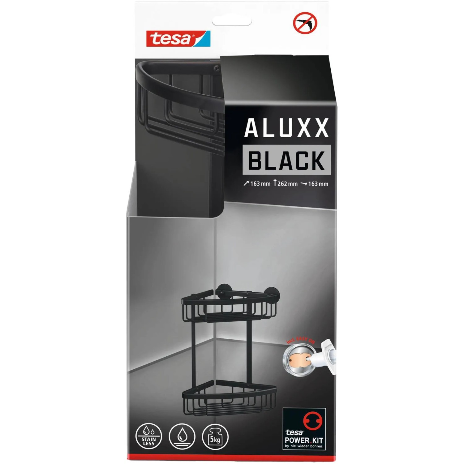 Tesa Aluxx Eckduschkorb, zweistöckig, schwarz matt, zur Wandmontage ohne Bohren.