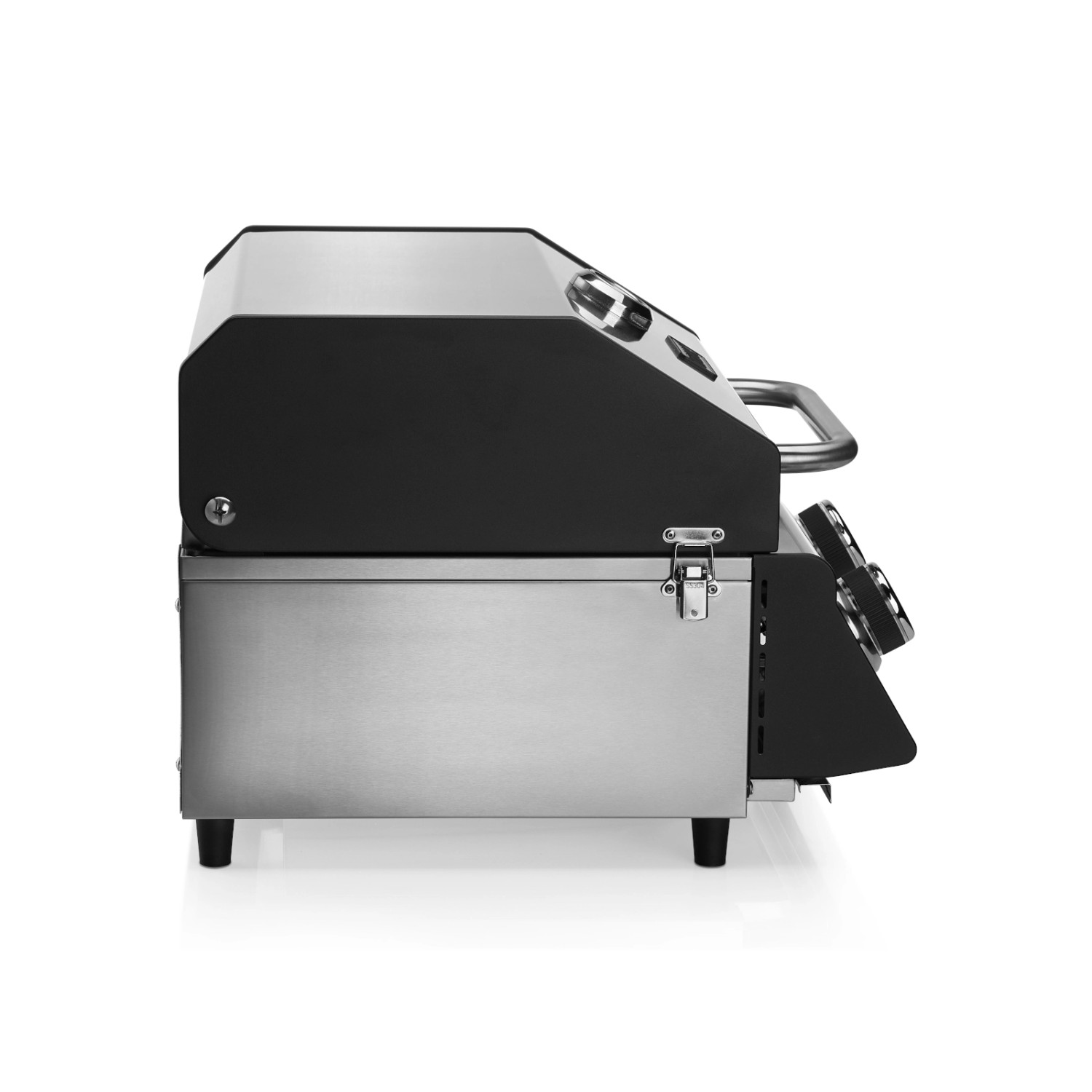 Taino Platinum Compact Gasgrill aus Edelstahl, Seitenansicht. Tischgrill mit Abdeckhaube und Gasdruckminderer.