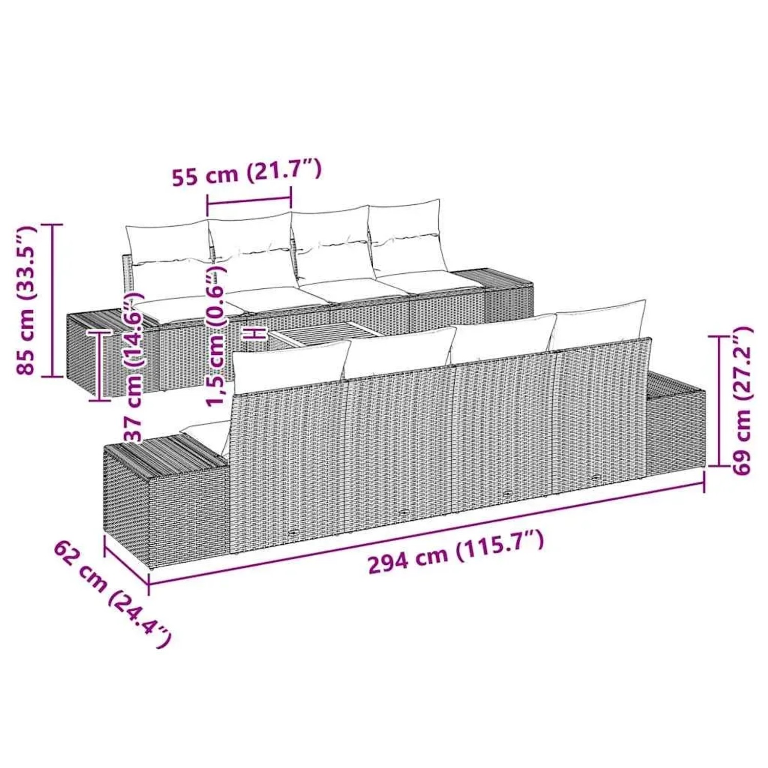 vidaXL Gartenmöbel-Set, 9-teilig, beige Poly Rattan, mit Maßangaben.