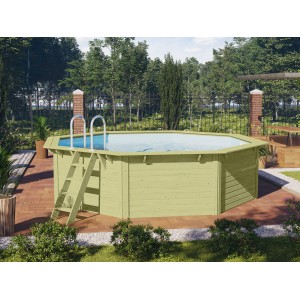 Karibu Holzpool Modell 2 Set mit Leiter und Filteranlage im Garten.