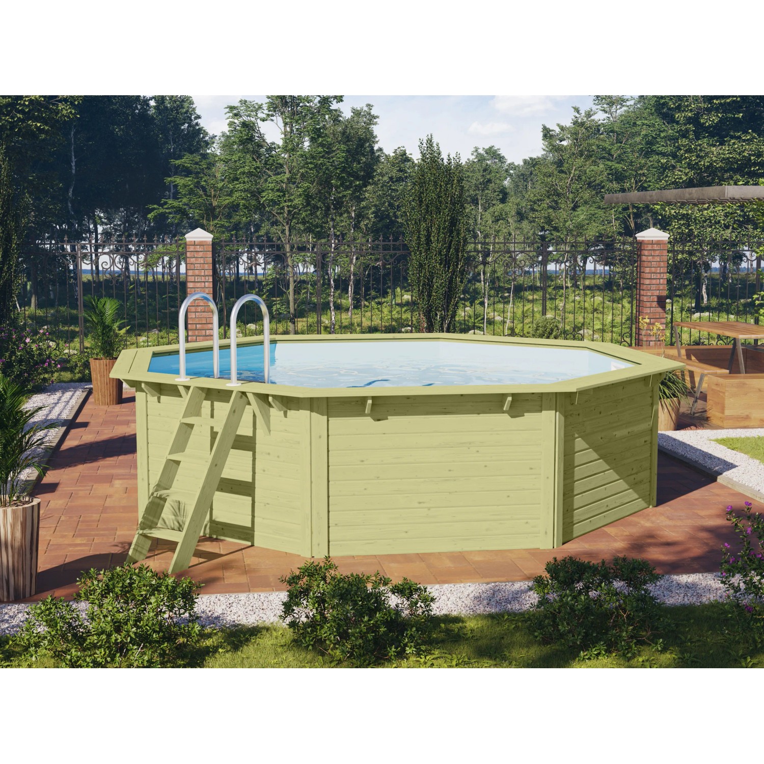 Karibu Holzpool Modell 2 Set mit Leiter und Filteranlage im Garten.
