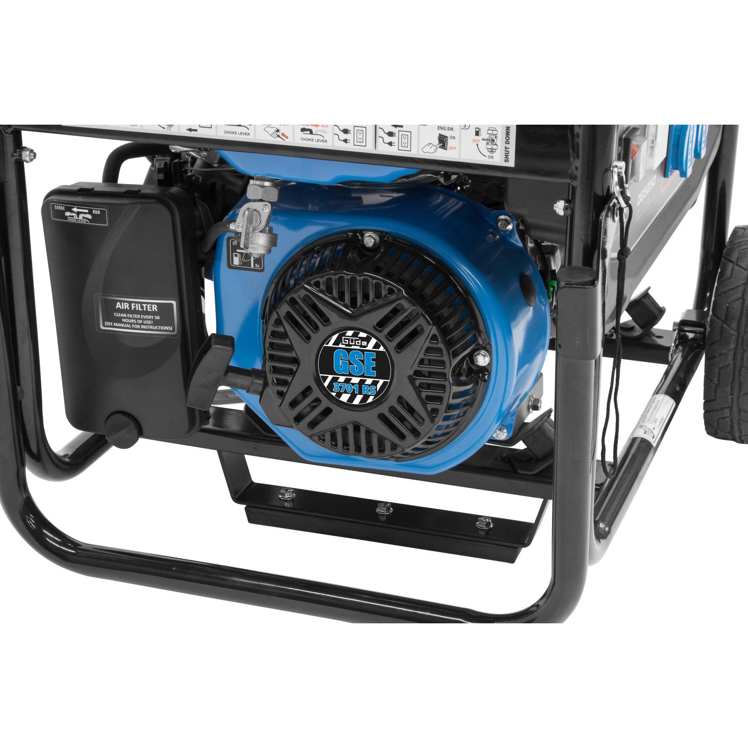 Detailaufnahme: Güde Stromerzeuger GSE 3701 RS Benzin, blauer Motor, schwarzer Luftfilter.
