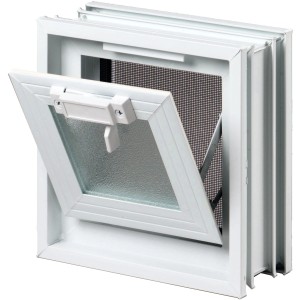 Offenes Lüftungsfenster 239x239 mm für Glasbausteinwand mit Fliegengitter.