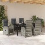 Graue 7-teilige vidaXL Garten Essgruppe aus Polyrattan mit Tisch und Stühlen mit Kissen.