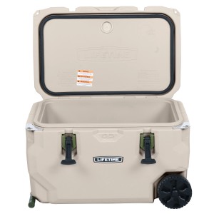 Geöffnete, beige Lifetime Kühlbox Premium (61,5 l) mit Rädern. Ideal für Camping & Outdoor.