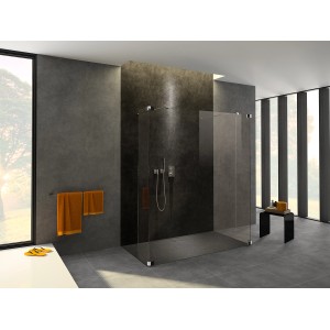 Begehbare Dusche mit flacher, anthrazitfarbener Hüppe Duschwanne EasyFlat 90x90 cm im modernen Bad.