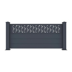 Anthrazitgrauer Aluminium-Zaun Bazio mit dekorativem Motiv im oberen Bereich, 168 cm breit.