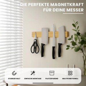 CHEFGASTRO Magnetleiste Magnetische Messerleiste Messerhalter Aus Bambus 6,2x40x2,1cm Mit 3 Silbernen Haken Bambus Extra Stark