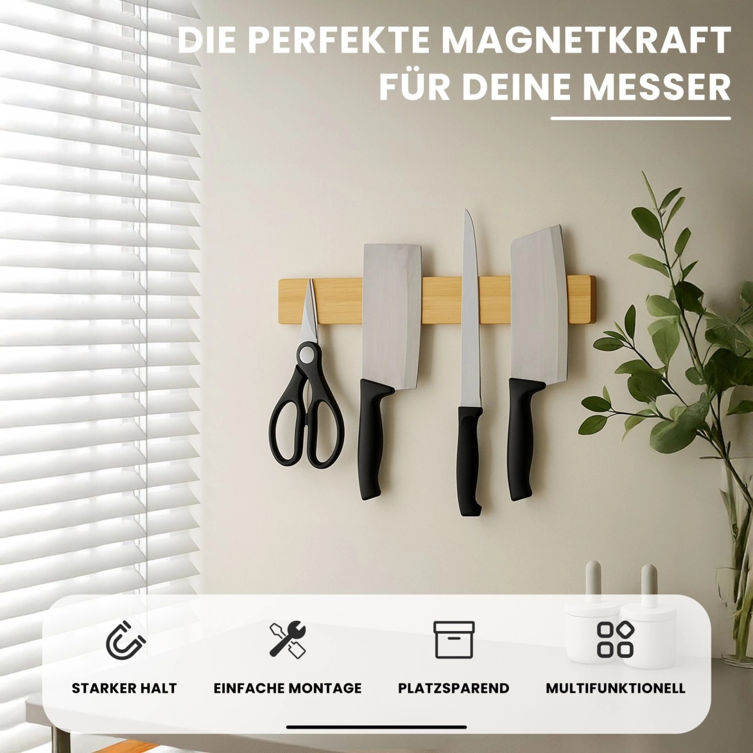 CHEFGASTRO Magnetleiste Magnetische Messerleiste Messerhalter Aus Bambus 6,2x40x2,1cm Mit 3 Silbernen Haken Bambus Extra Stark_2